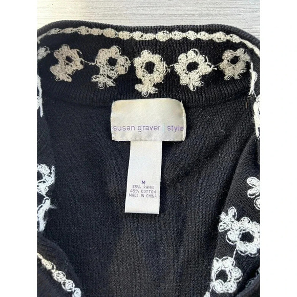 Susan Graver Long Ramie Cotton Knit Cardigan Floral Embroidered Black - Picture 3 of 5